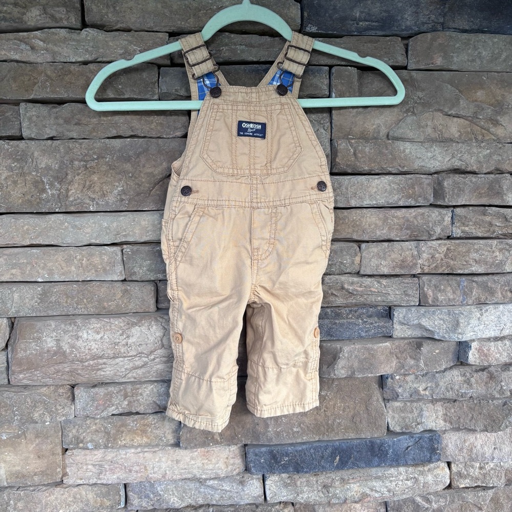 OshKosh Overalls Tan‎ Adjustable Straps Plaid Accents Baby Clothes